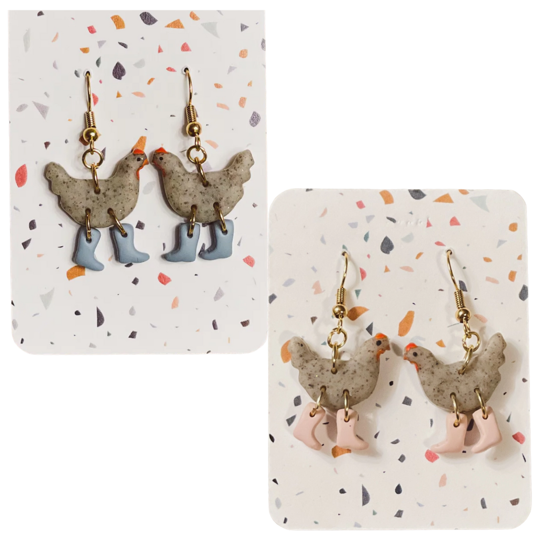 Grey Speckle Chickens with Boots Earrings