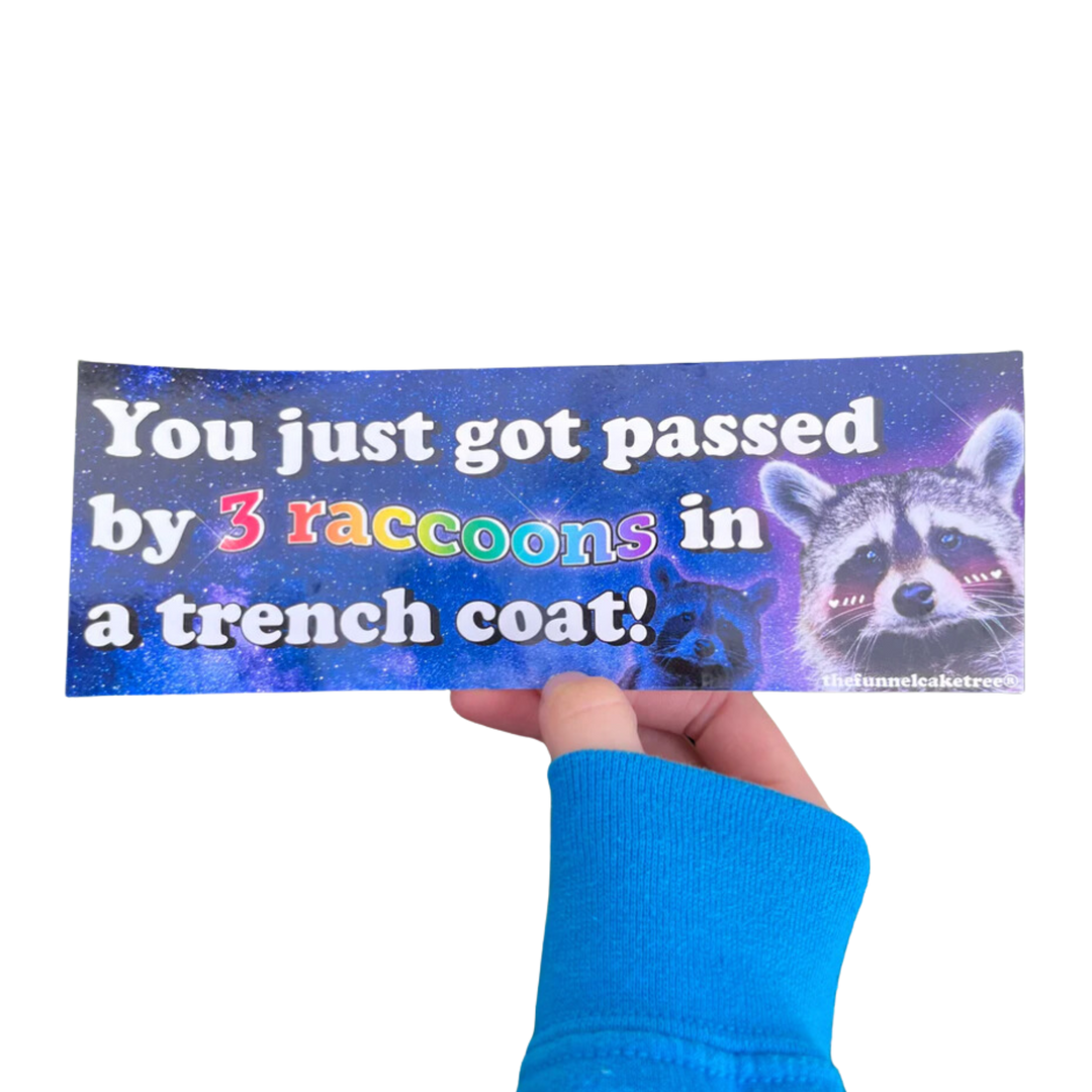 You just got passed by raccoons in a trench coat! bumper sticker