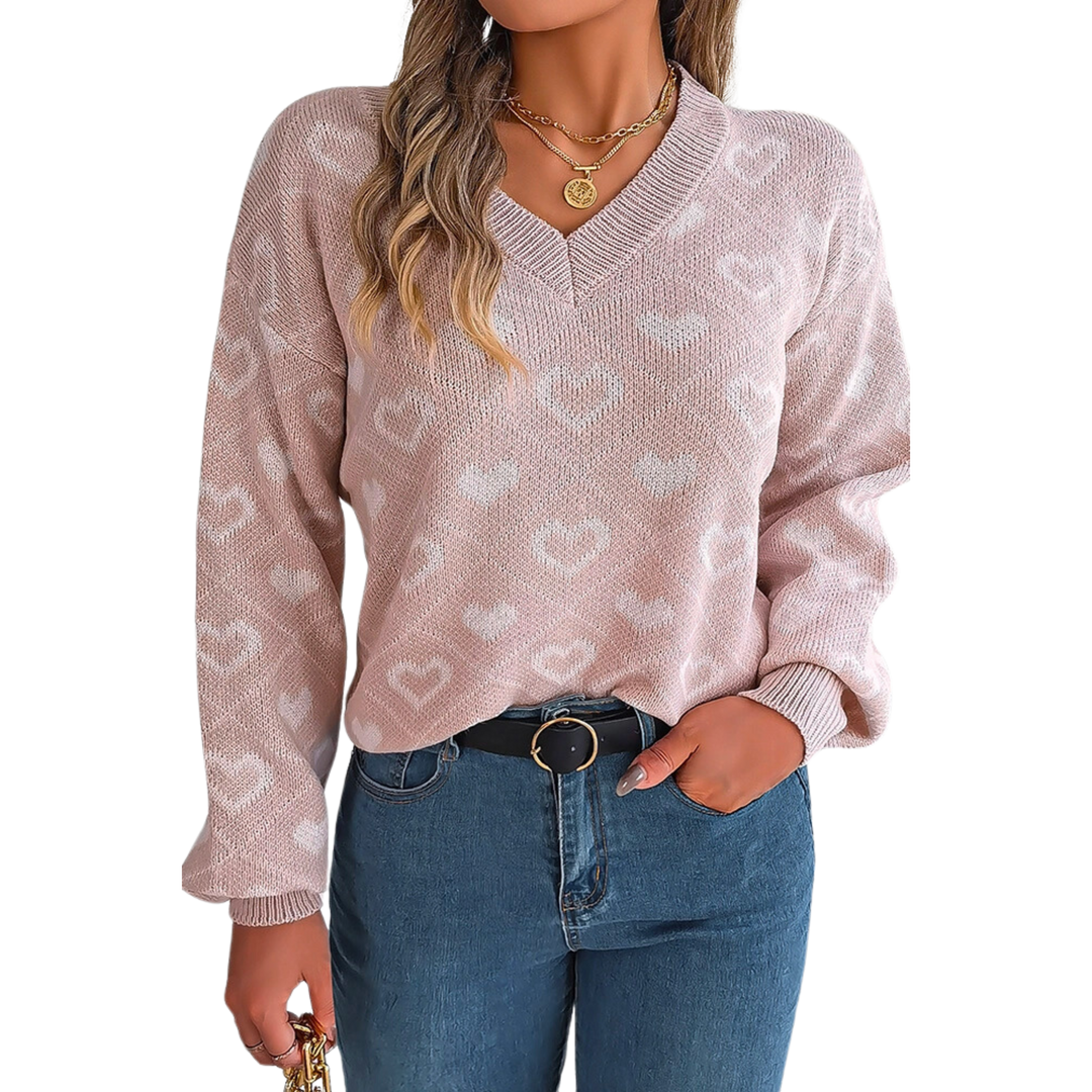 V-Neck Heart Knit Pullover Sweater