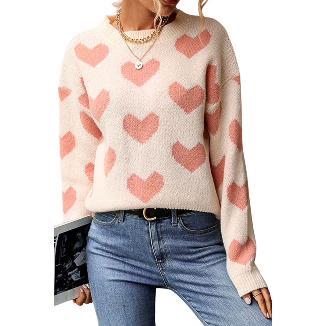 Heart Pattern Pink Knitted Pullover Sweater