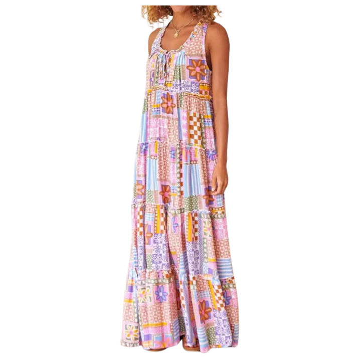 Crewneck Tie Sleeveless Panelled Printed Maxi Dress