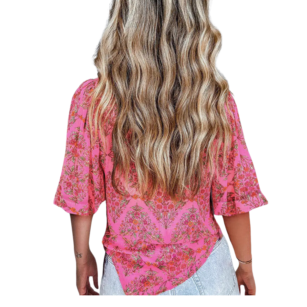 Multicolor Floral Print Short Sleeve Loose Blouse