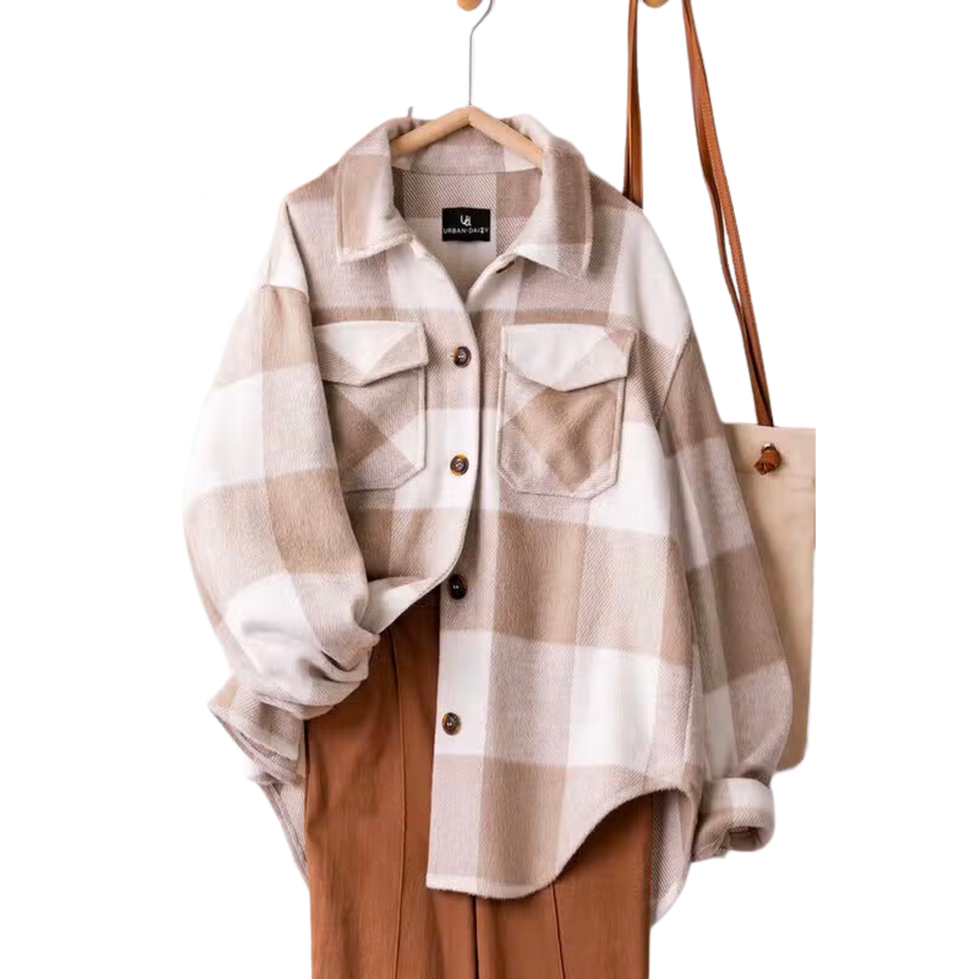 Plaid Flannel Button Down Jacket - Khaki
