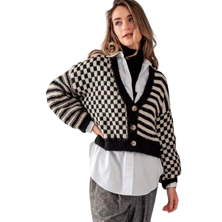 Checkered and Striped Boxy Fit Cardigan - Black