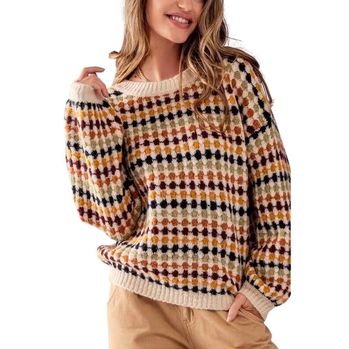 Crew Neck Multicolor Pattern Knit Sweater - Cream