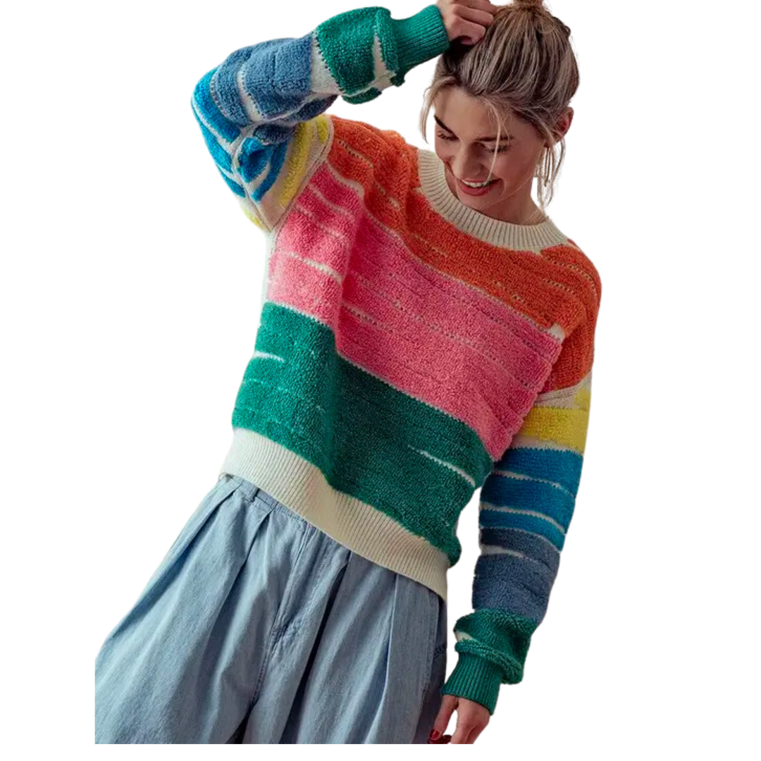 Colorblock Stripe Rib Knit Sweater- Green