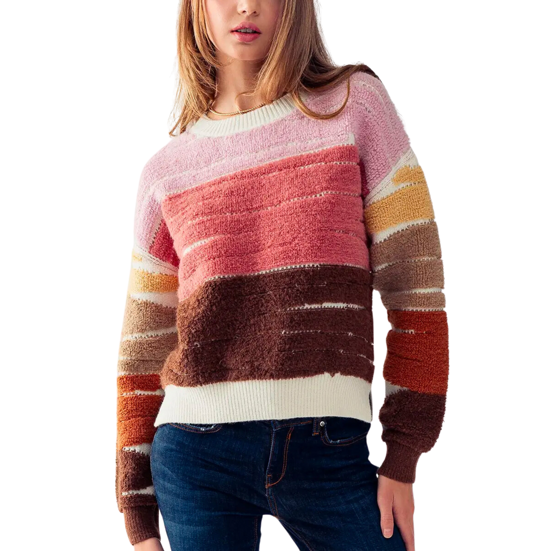 Colorblock Stripe Rib Knit Sweater- Brown
