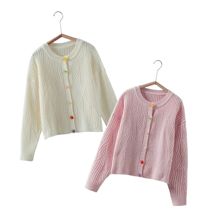 Flower Button Textured Knit Cardigan