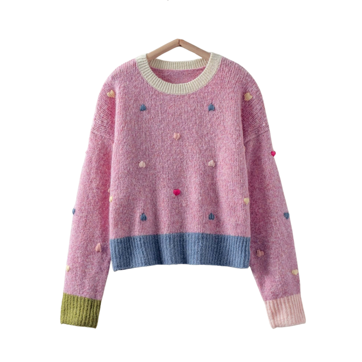 Embroidered Heart Colorblock Knit Sweater