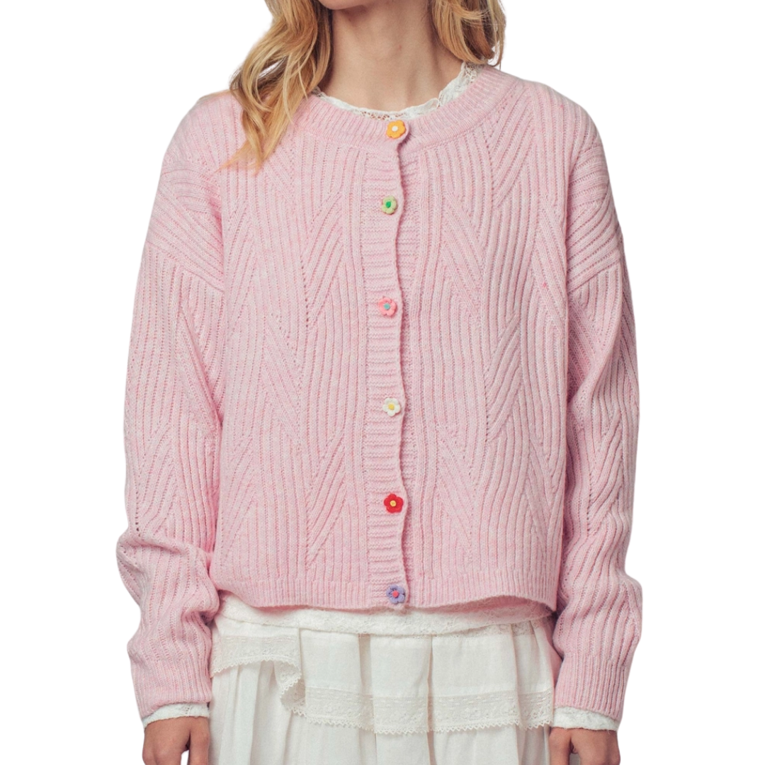 Flower Button Textured Knit Cardigan