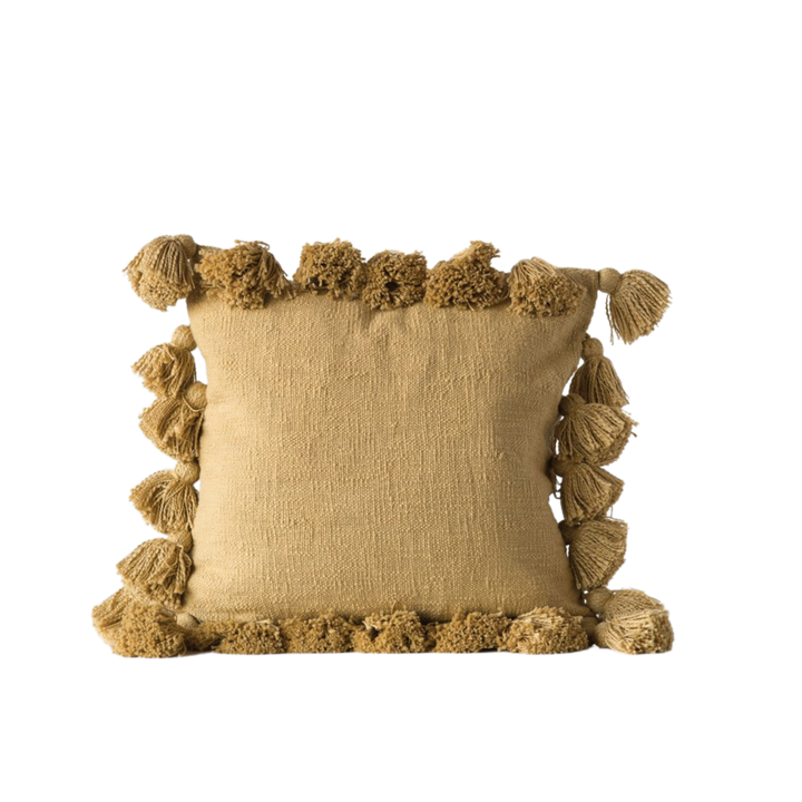Mustard Square Cotton Throw Pillow with Tassels