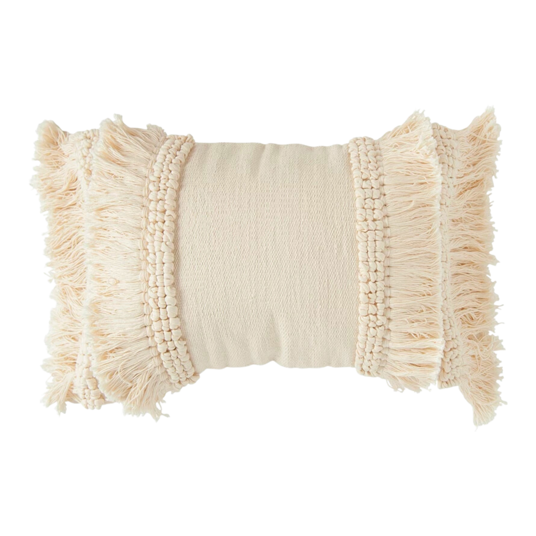 Cream Color Cotton & Chenille Woven Lumbar Pillow w/ Fringe