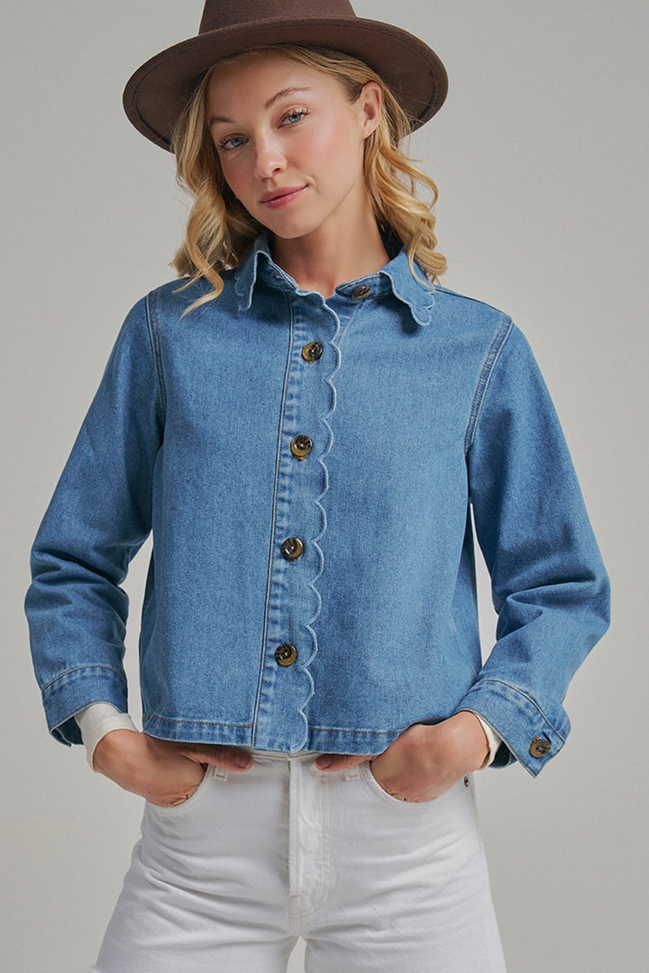 Fall Denim Jacket with Scallop Embroidery Collar