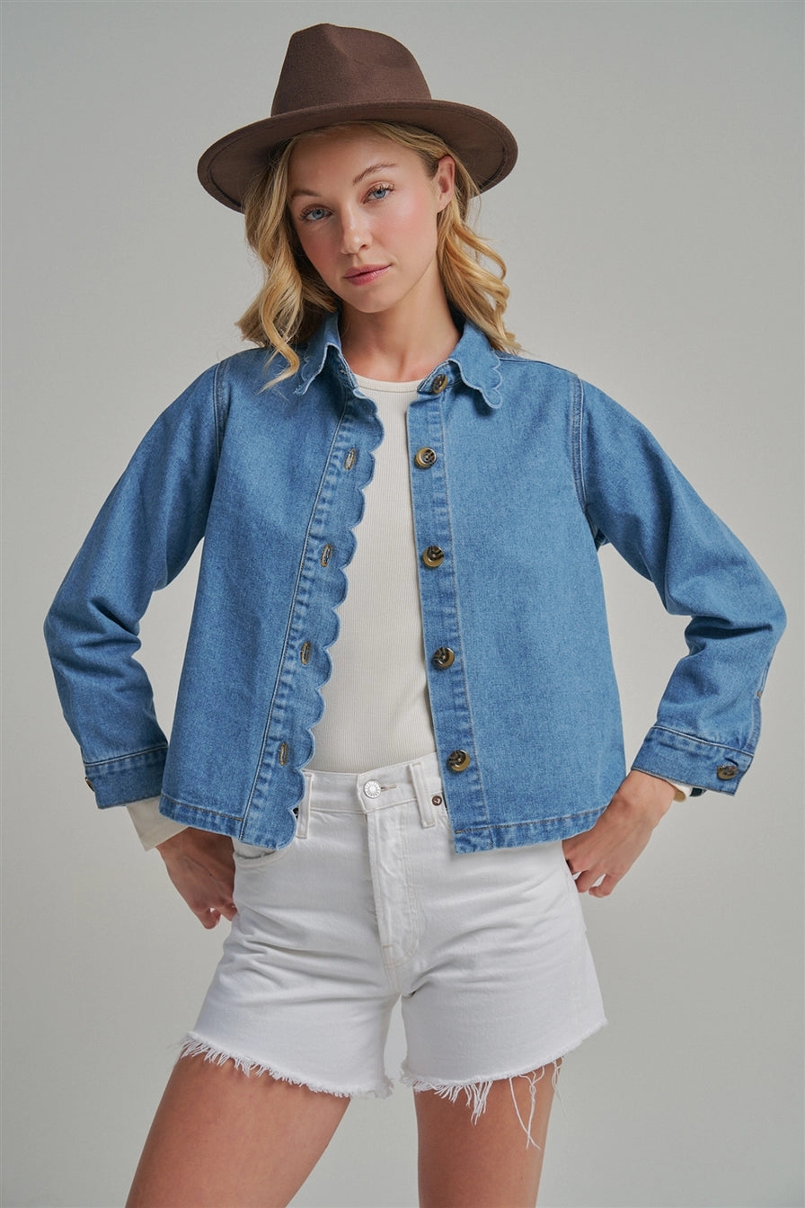 Fall Denim Jacket with Scallop Embroidery Collar