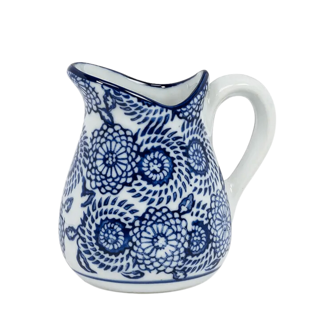 Blue and White Handled Pitcher