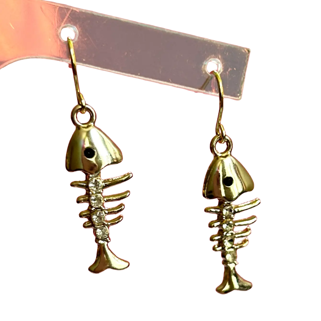 Rhinestone Gold Fishbone Earrings