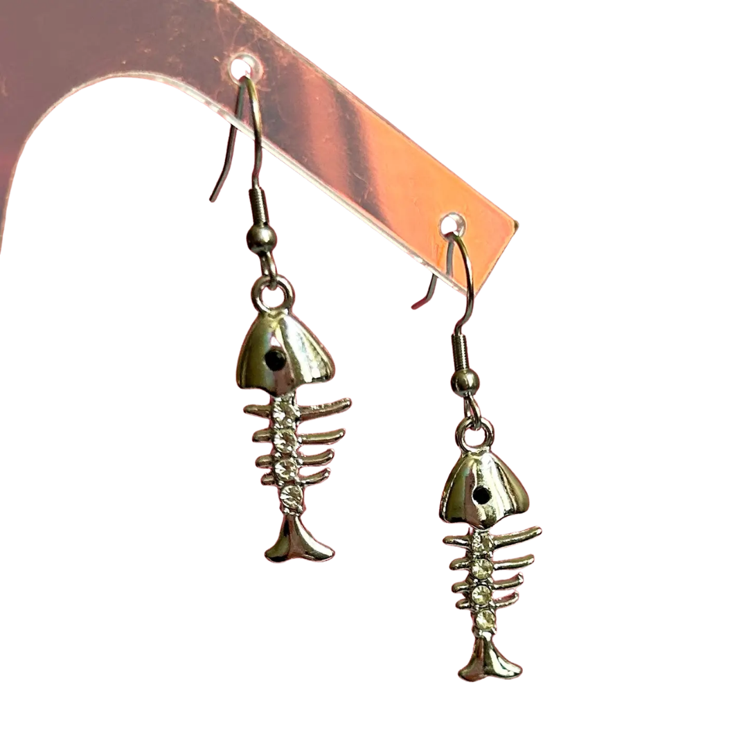 Rhinestone Silver Fishbone Earrings
