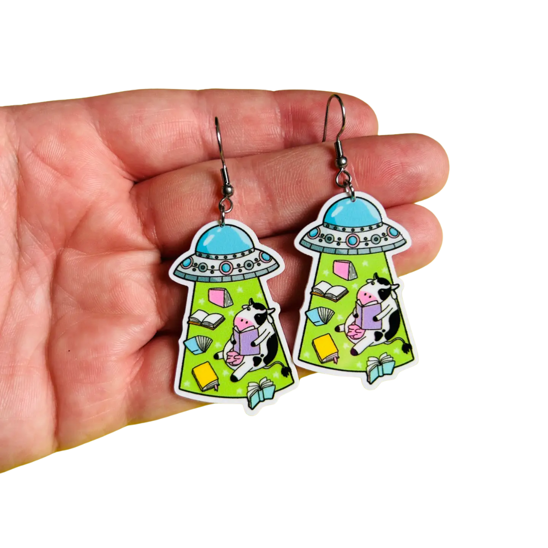 Alien Earrings Bookish Earrings Book Earrings Cow Earrings