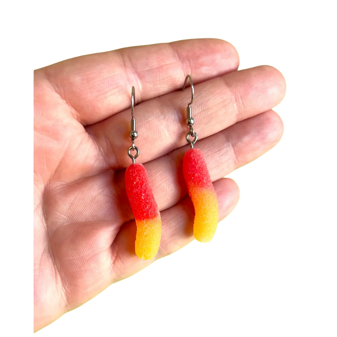 Sour Candy Worm Earrings Red and Yellow