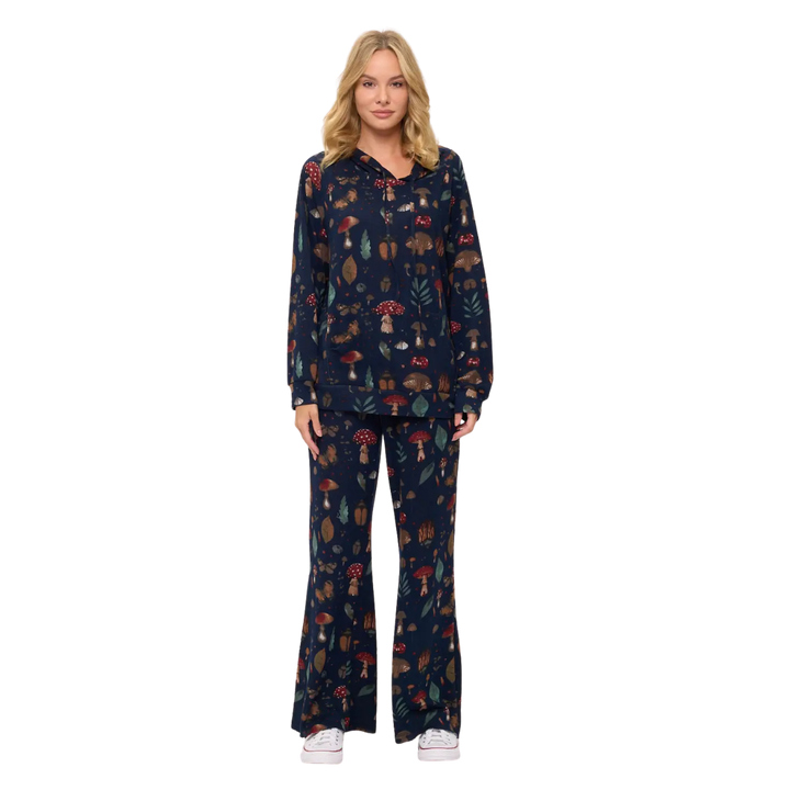 Mushrooms and Bugs Print Flare Pants