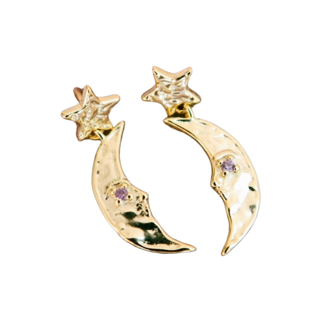 Starfallen Wishes Moon Face Stud Dangle Earrings