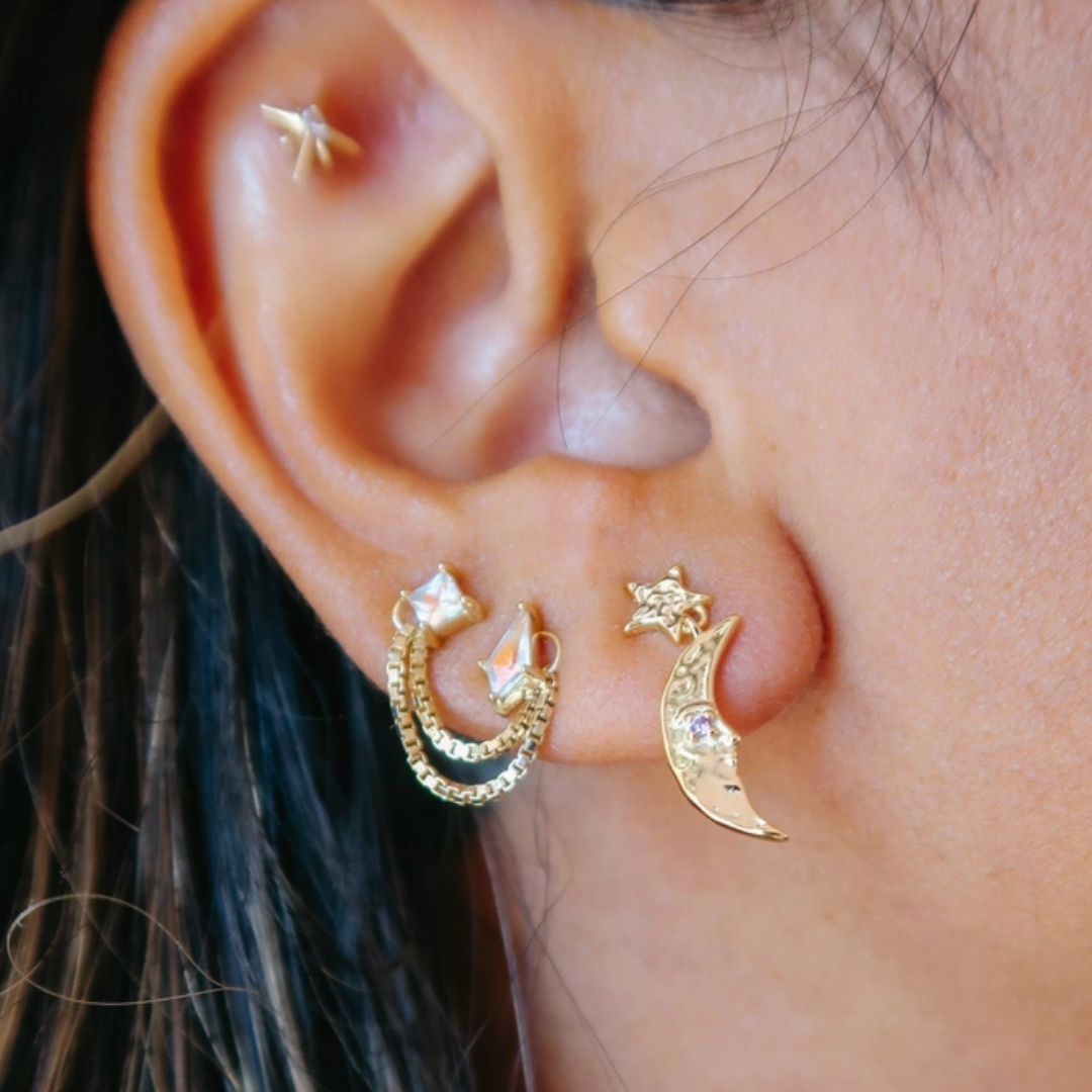 Starfallen Wishes Moon Face Stud Dangle Earrings