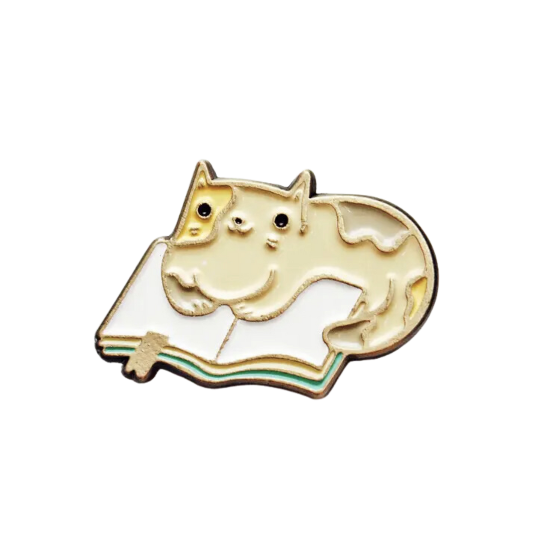 Book Cat Pin — Bookish Jewelry — Cute Calico Cat Enamel Pin