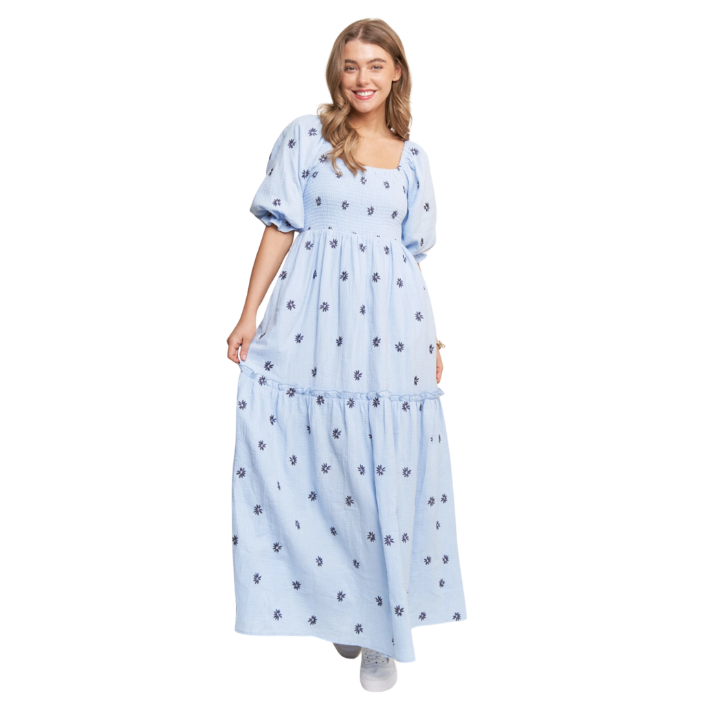 embroidered tiered maxi dress Floral Embroidered Tiered Maxi Dress – Golden Hour Gift Co