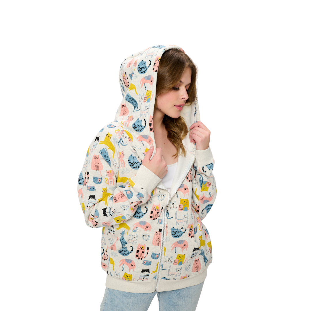 Colorful Cats Print Zip Up Hoodie