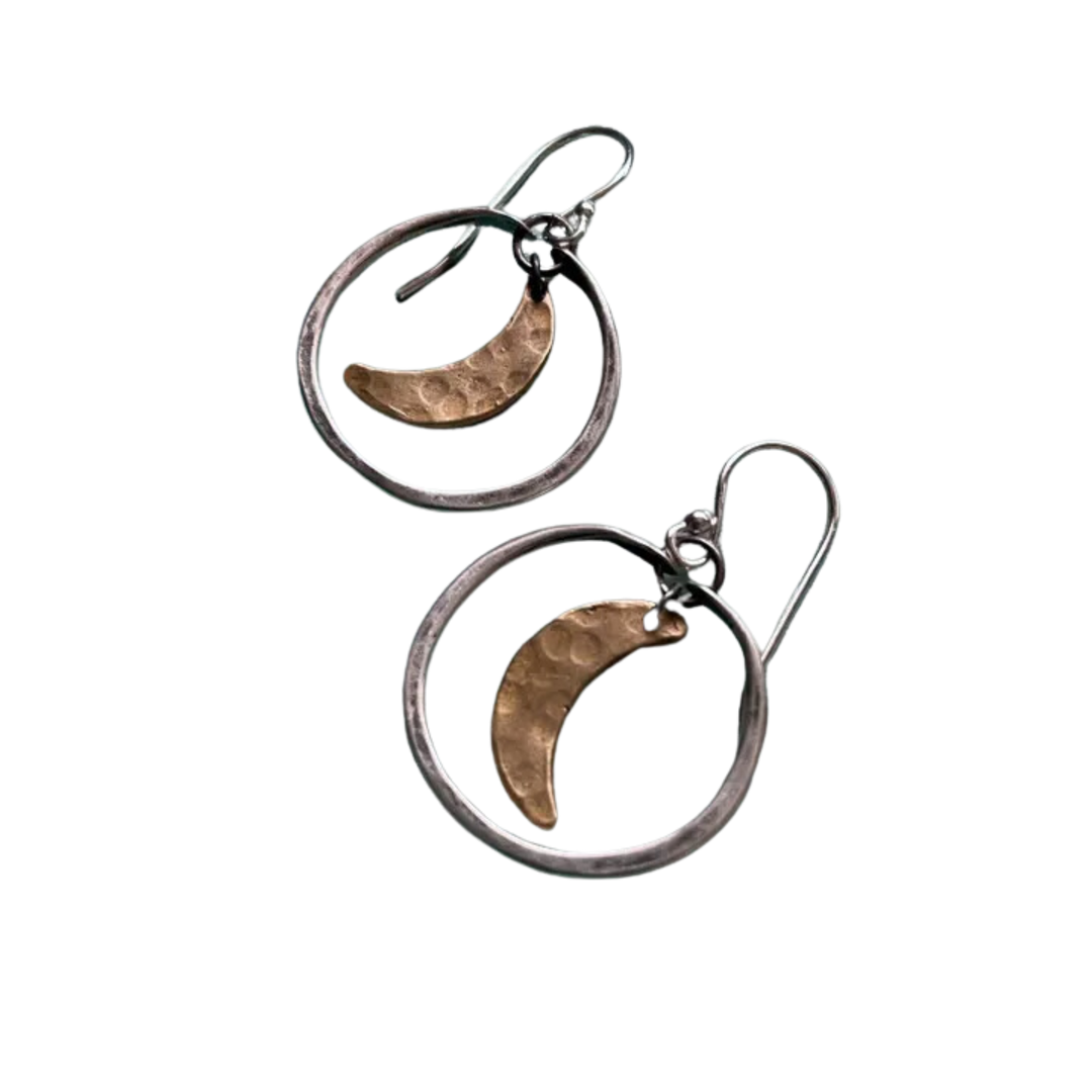 Moon Hoop Earrings - Silver Hoops, Brass Moons