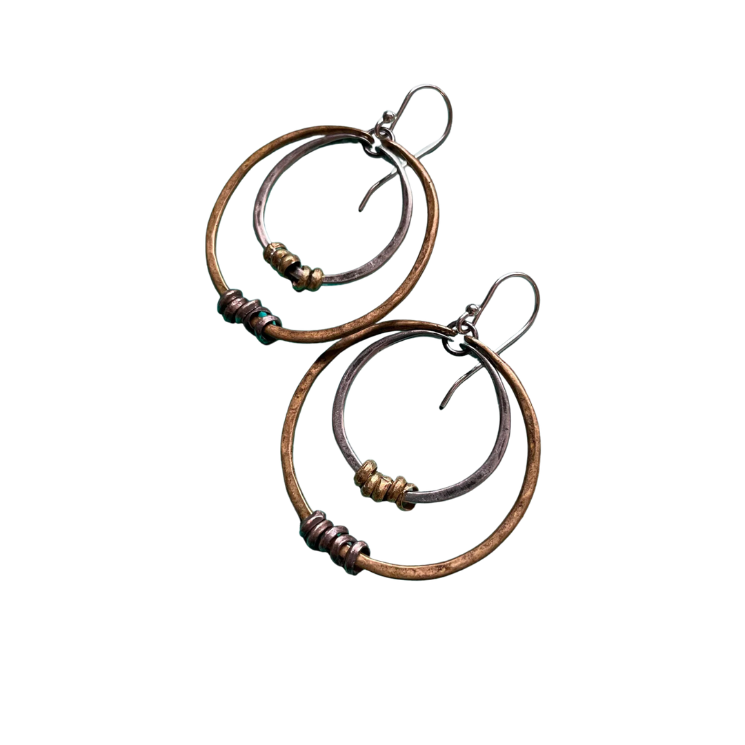 Small Double Hoop Earrings: Brass Outer Hoop, Silver Inner Hoop