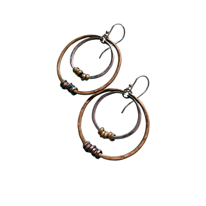 Small Double Hoop Earrings: Brass Outer Hoop, Silver Inner Hoop
