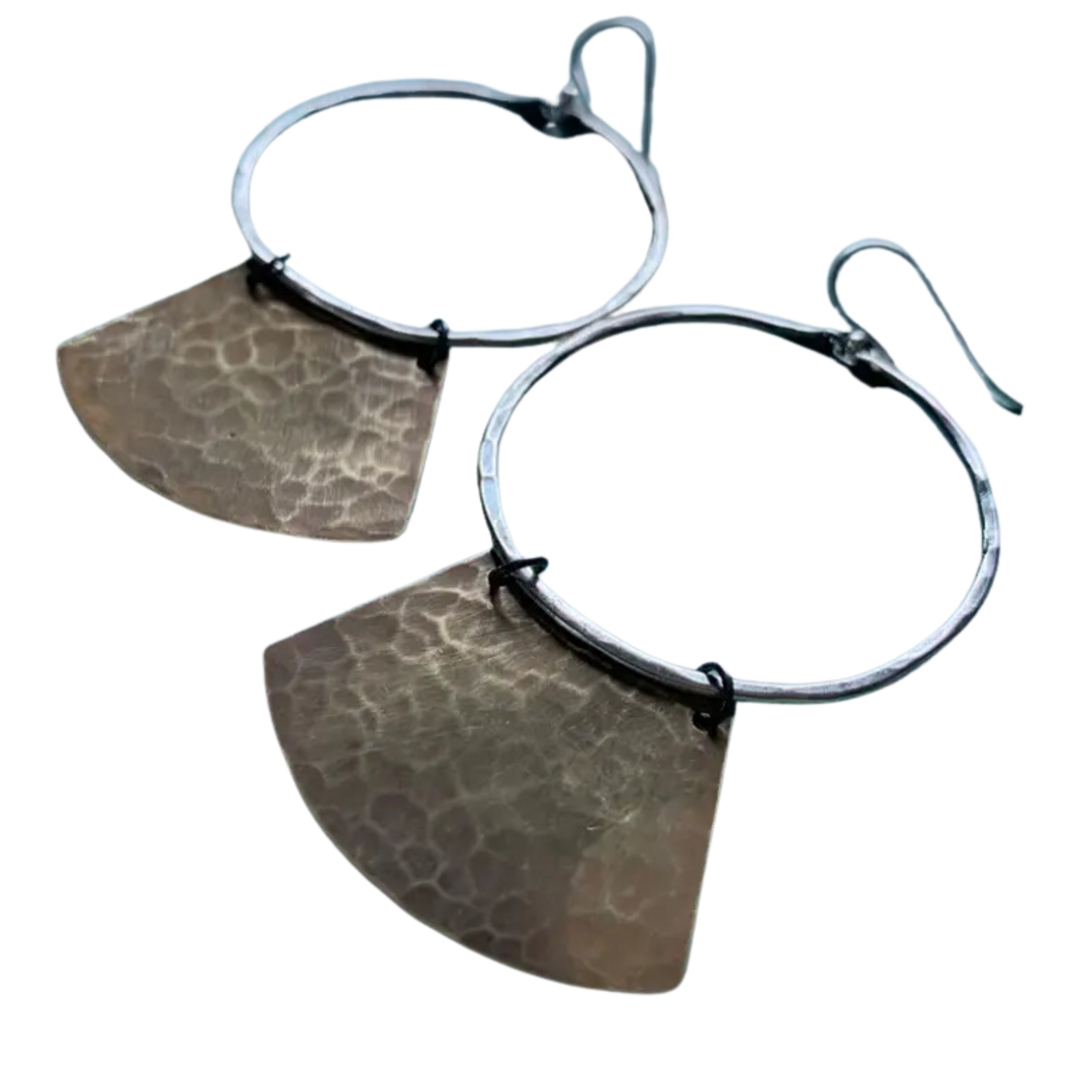 "Keyhole" Mezzaluna Earrings - Silver Hoop w/ Hammered Brass Blade