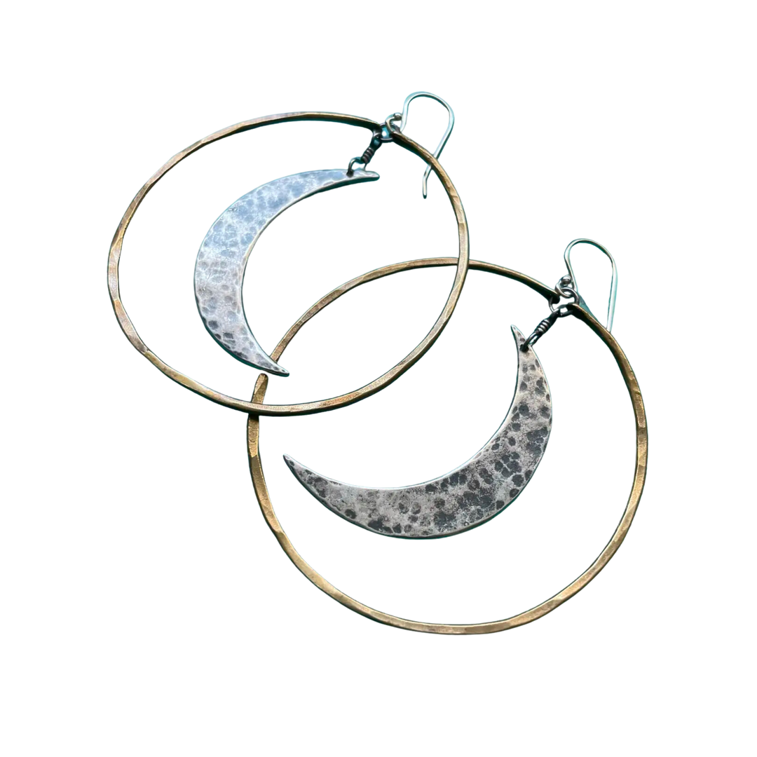 XL Silver Crescent Moon in Large Brass Hoop Earrings
