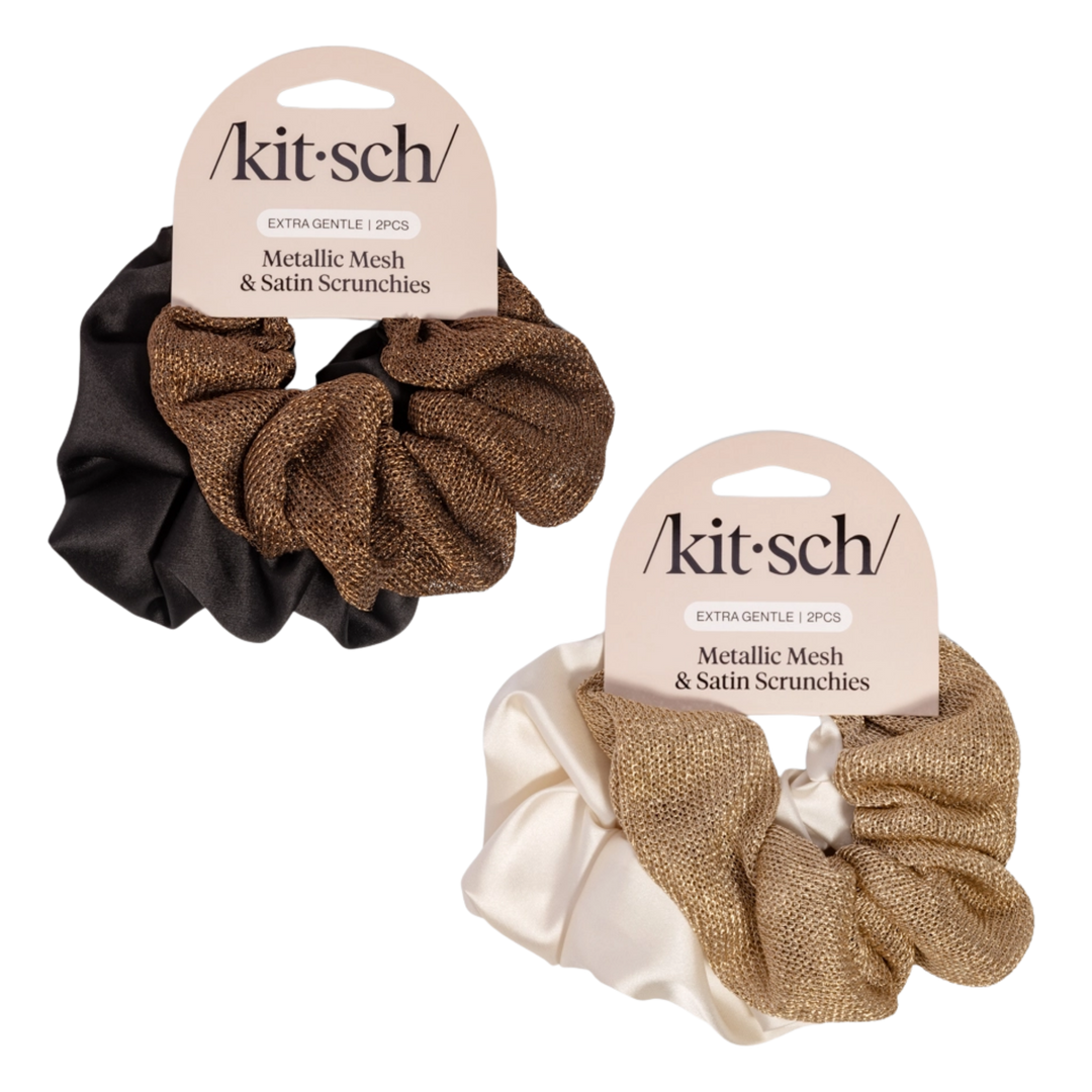 Metallic Mesh and Recycled Fabric Satin Scrunchies 2pc Set