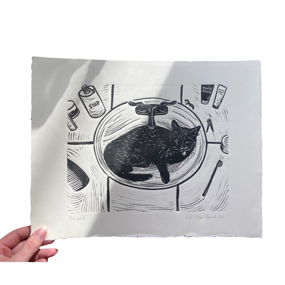 "Occupied" Cat in Sink Linocut Print
