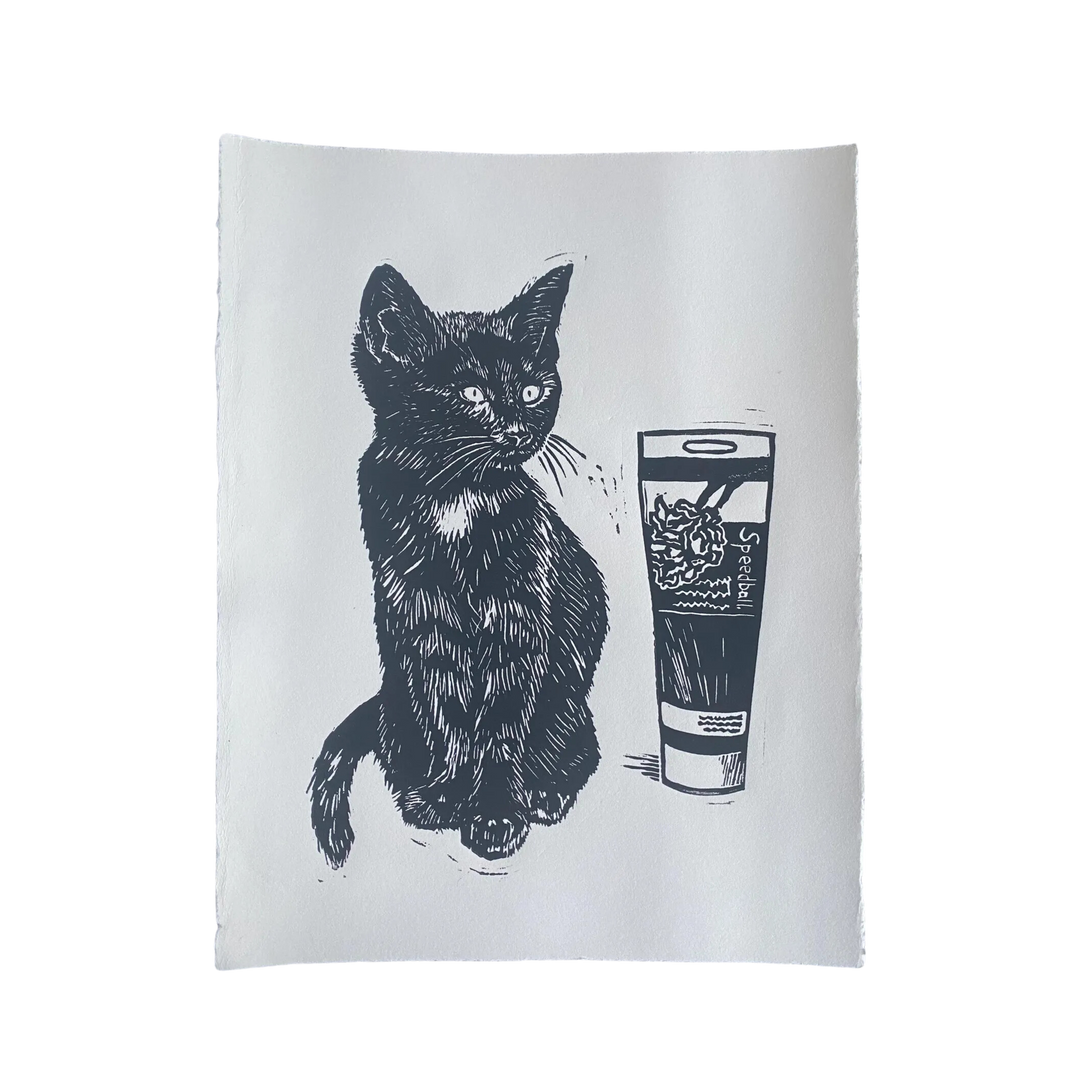 The Printmaker's Assistant -Linocut Kitten Print