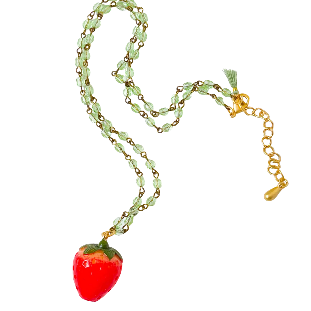 Strawberry Charm Necklace with Green Beads