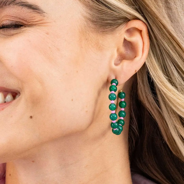 Angela Round Stone & Seed Bead Hoop Earrings