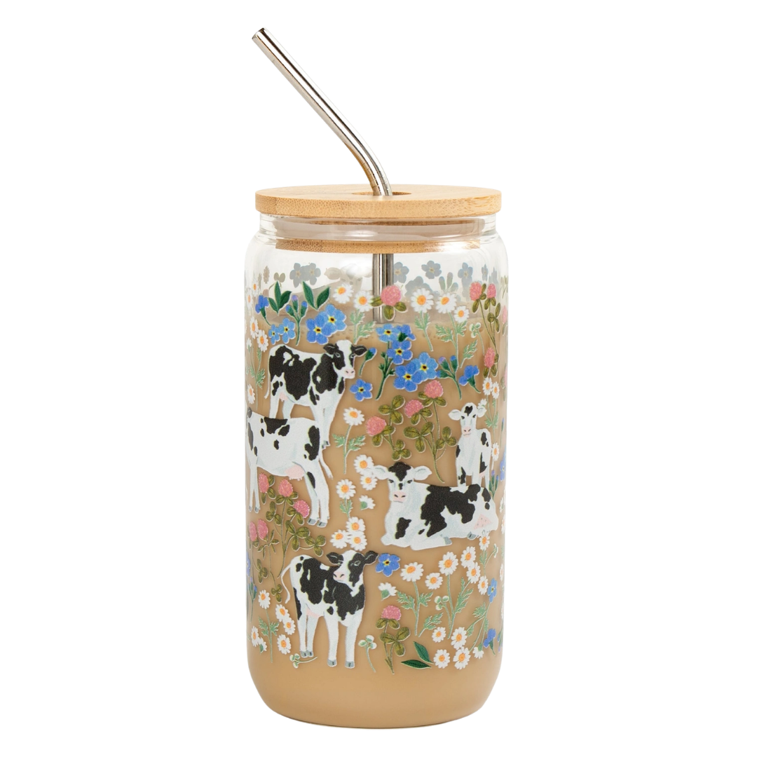 Milk Cows & Flowers Glass Can