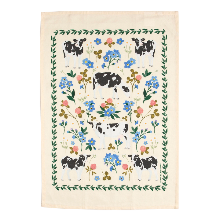 Milk Cows Folk Floral Tea Towel