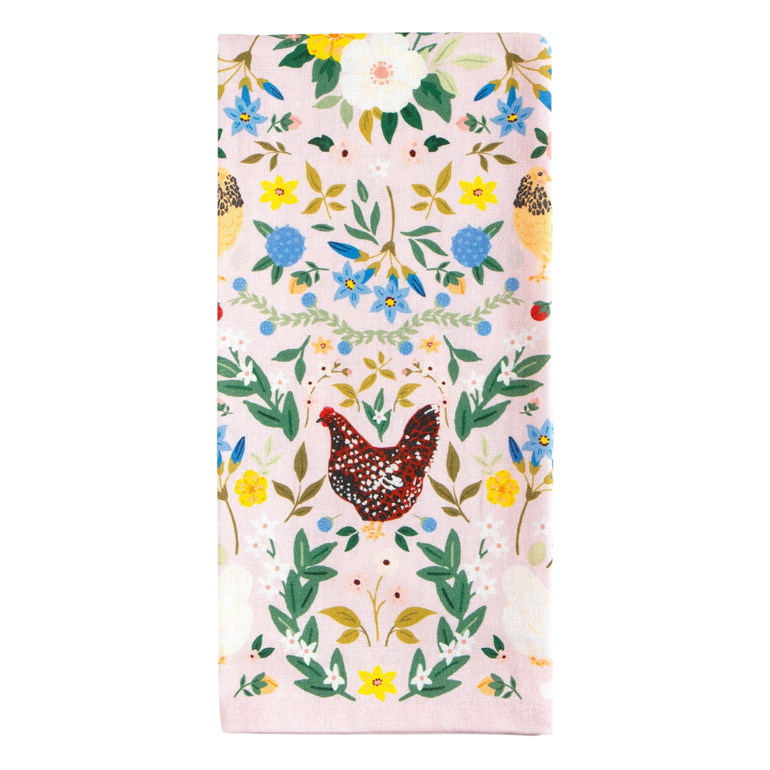 Chickens & Flowers Tea Towel
