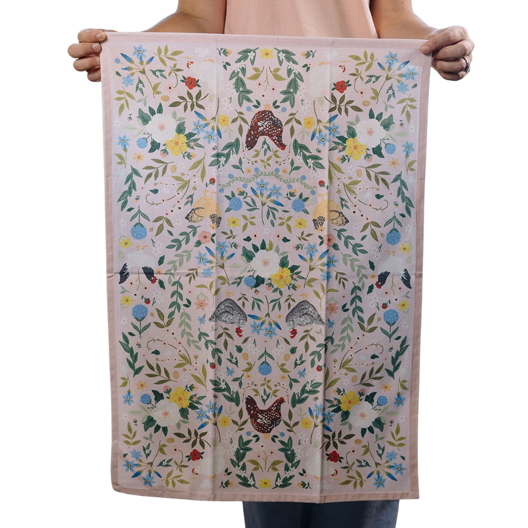 Chickens & Flowers Tea Towel