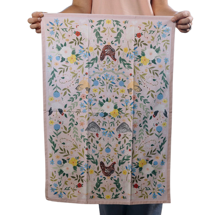 Chickens & Flowers Tea Towel