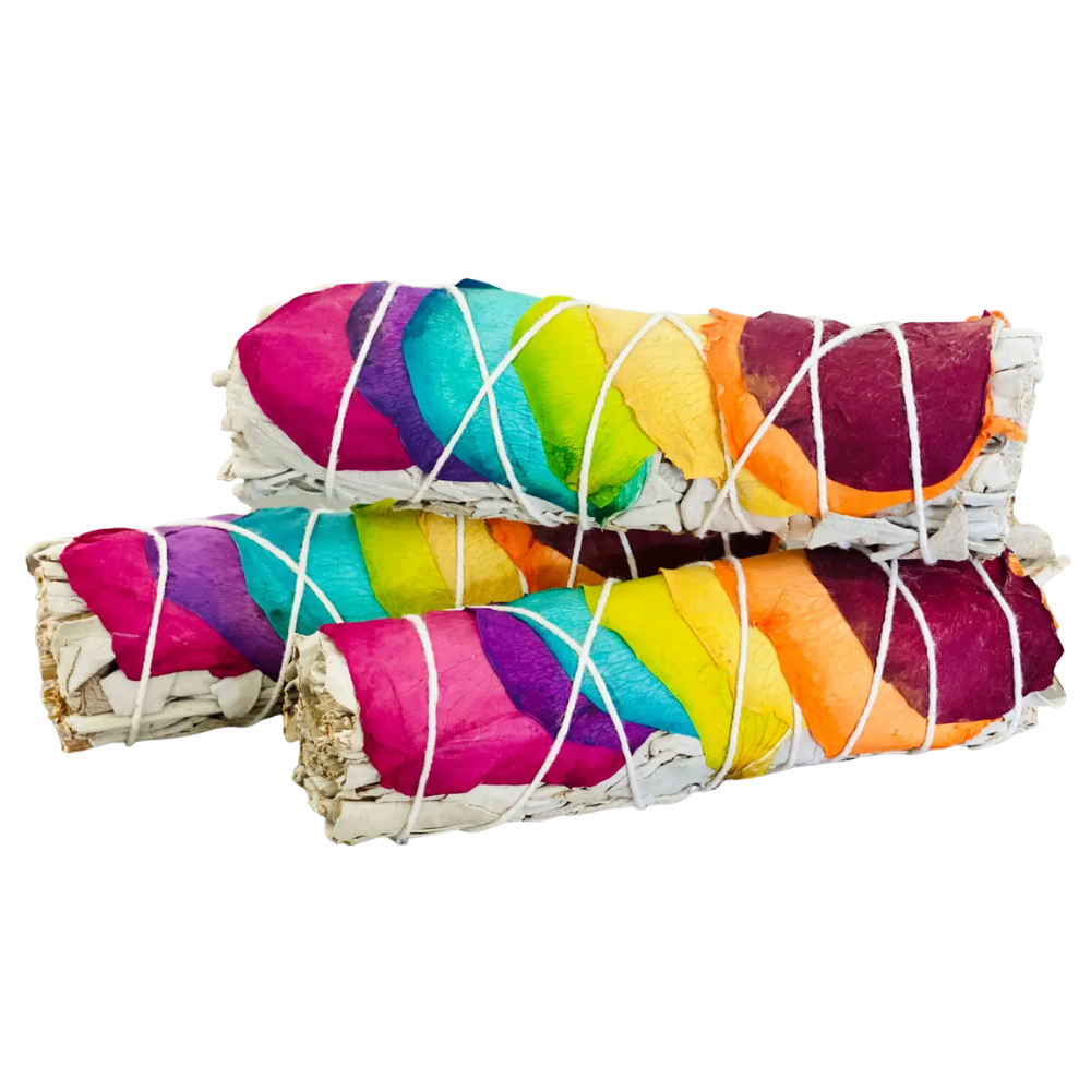 White Sage with Rainbow Chakra Roses Smudge Stick