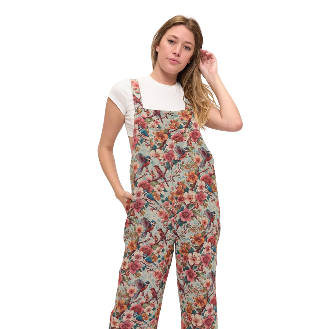 Vintage Floral Aviary Tapestry Overalls