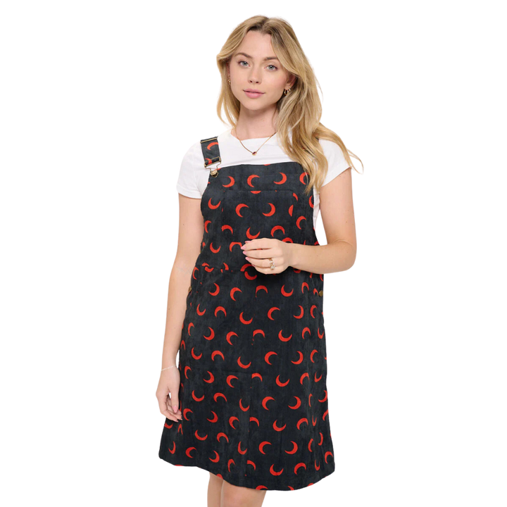 Half Moon Print Corduroy Dress- Red