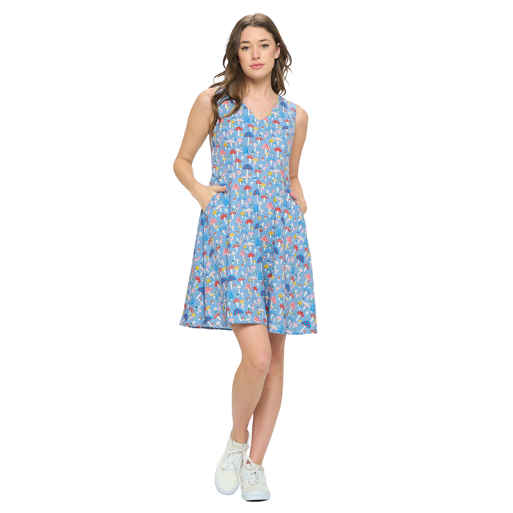 Colorful Mushroom Print V Neck Dress -Blue