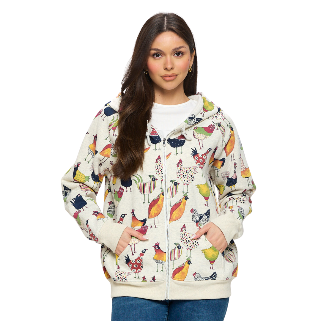 Colorful Rooster Print Zip-Up Hoodie