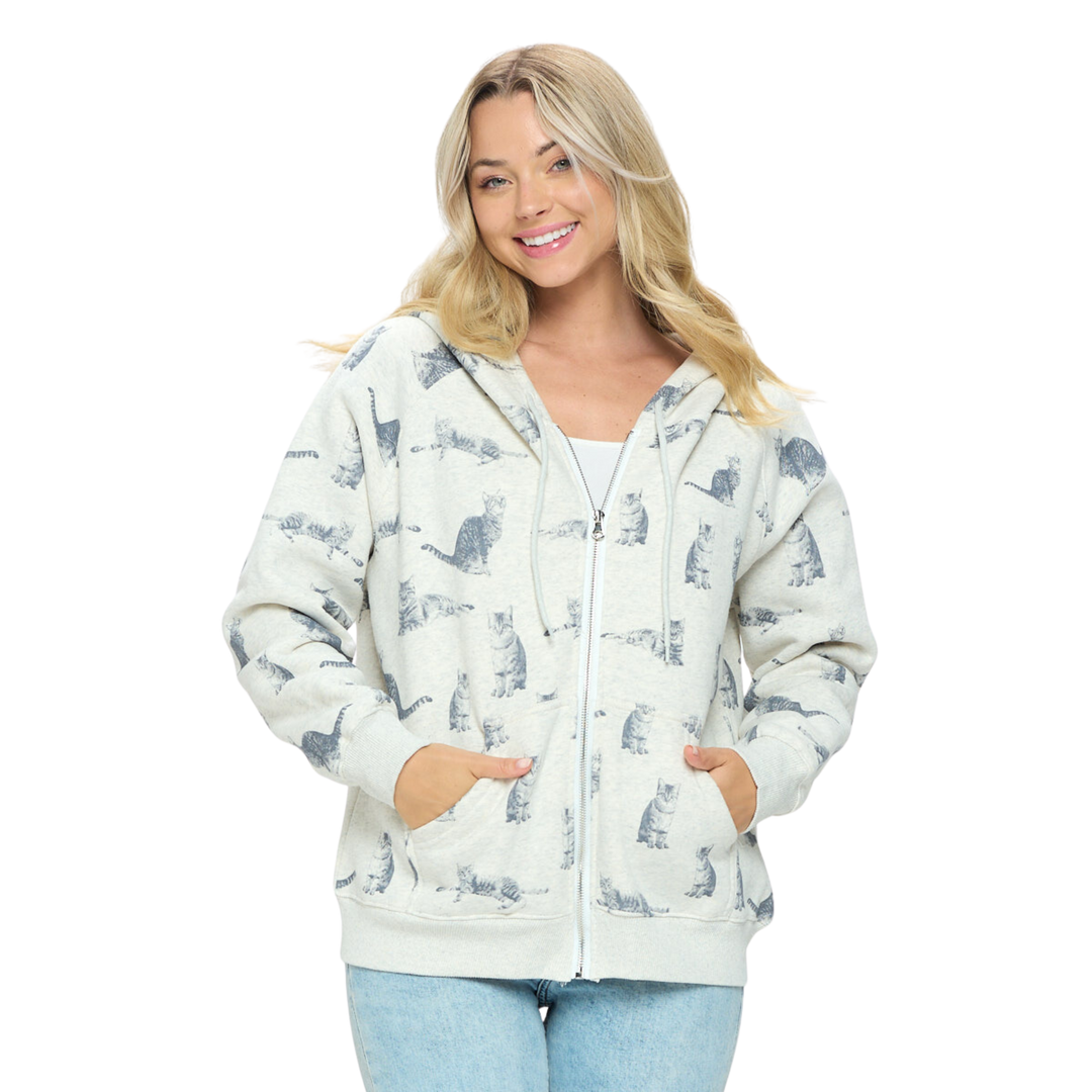 Grey Tabby Cat Print Zip-Up Hoodie